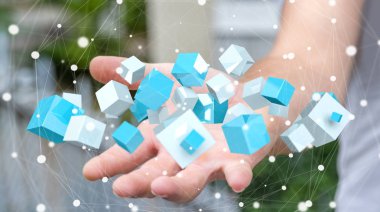 Mavi parlak küp 3d render uçan tutan işadamı