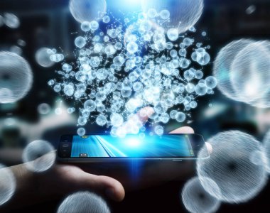 3D render veri ağ küre ile onun mobi kullanarak iş adamı