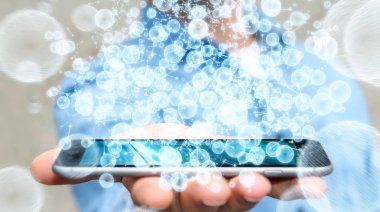 3D render veri ağ küre ile onun mobi kullanarak iş adamı