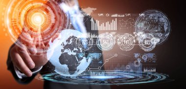 İşadamı hologram ekran dijital veri ile kullanma