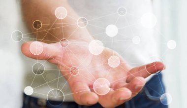 Onun el 3d renderin dijital veri ağ tutan işadamı