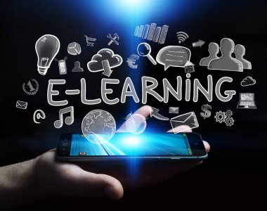 E-öğrenme sunu çizilmiş tutan adam