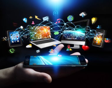 Onun cep telefonu 3d ren ile teknoloji cihazları bağlamak işadamı