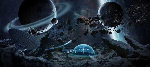Observatory station in space on an asteroid with dome protection and radio telescope 3D rendering elements of this image furnished by NASA