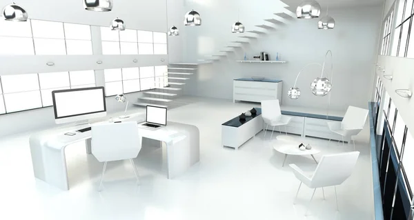 Interior de escritório branco moderno com computador e dispositivos 3D render — Fotografia de Stock