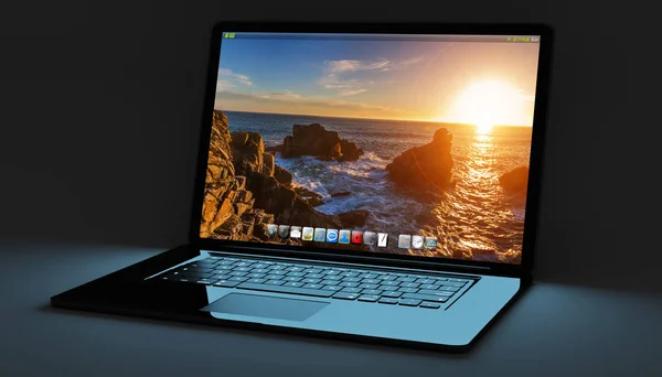 Laptop preto moderno no fundo preto 3D renderização — Fotografia de Stock