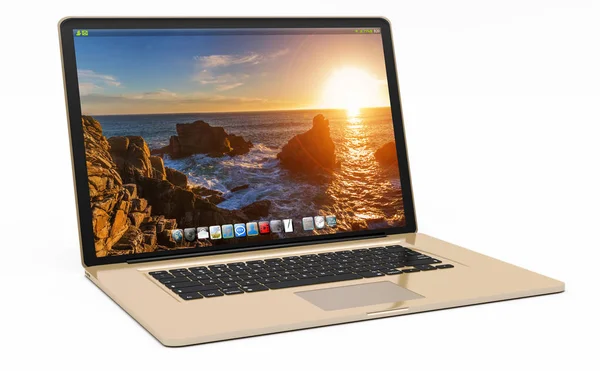 Moderne gouden laptop op witte achtergrond 3D-rendering — Stockfoto