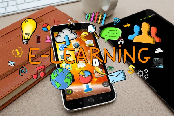 Texto e-learning e iconos sobre fondo de oficina — Foto de Stock