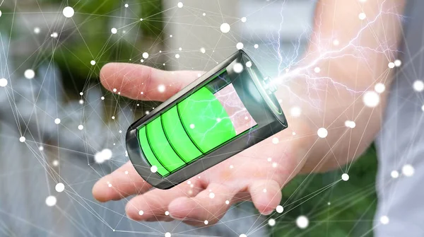 Hombre sosteniendo la batería de renderizado 3D con un rayo en la mano — Foto de Stock