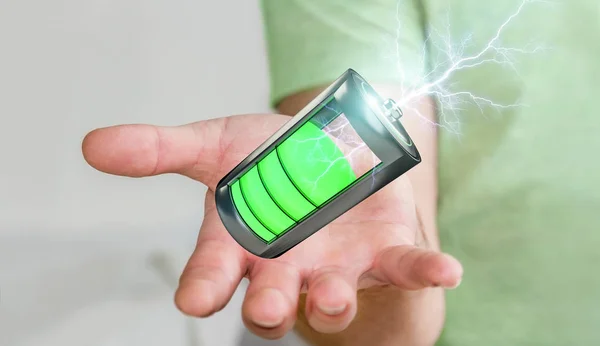 Homem segurando 3D render bateria com um raio em sua mão — Fotografia de Stock