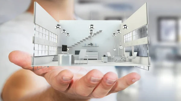 Бізнесмен тримає білу 3D візуалізацію квартири в руці — стокове фото