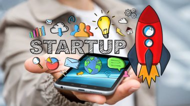 İşadamı elini tutarak Başlangıç metin mobil onun fon üzerinde çizilmiş.