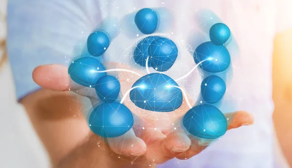 Empresario sosteniendo icono azul de la red social 3D renderizado — Foto de Stock