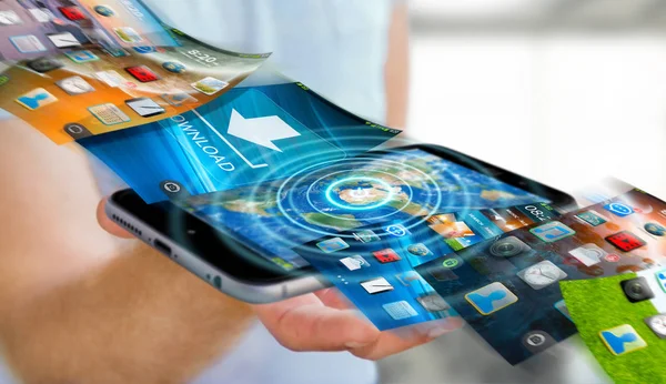 İşadamı modern cihaz 3d rende üzerinde telefon arka plan değiştirme