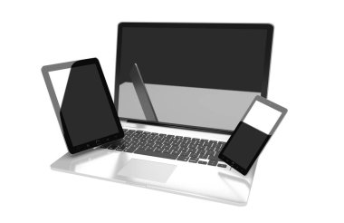 Dizüstü bilgisayar cep telefonu ve tablet 3d render birbirine bağlı