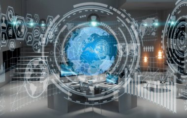 Çalışma alanı modern cihazlar ve hologram ekranlar 3d render ile