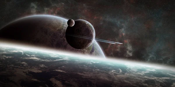 Soluppgång över avlägsen planetsystem i rymden 3d rendering element — Stockfoto