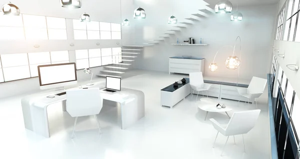 Interior de escritório branco moderno com computador e dispositivos 3D render — Fotografia de Stock