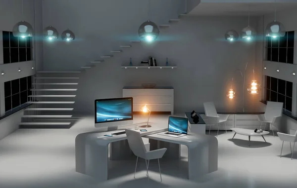 Intérieur moderne de bureau sombre avec ordinateur et appareils 3D re — Photo