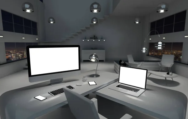 Moderne donkere Bureau kantoor interieur met computer en apparaten 3D-re — Stockfoto