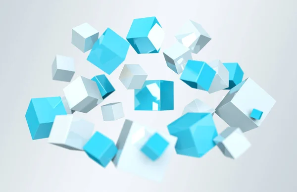 Fluttuante blu e bianco lucido cubo 3D rendering — Foto Stock