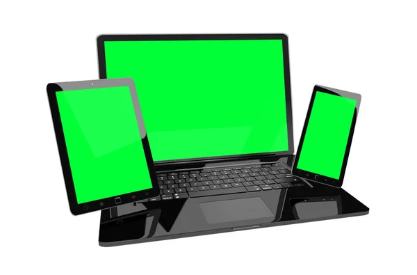 Laptop mobil telefon és a tabletta kapcsolódik egymáshoz 3d render — Stock Fotó