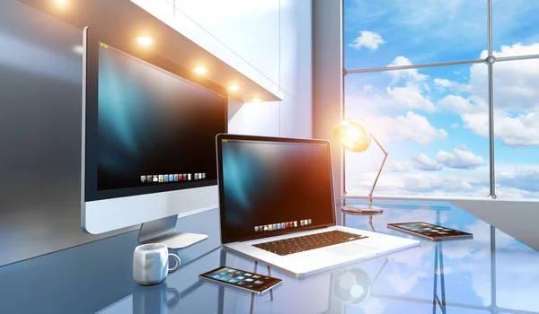 Modern glass desk interior with computer and devices 3D renderin