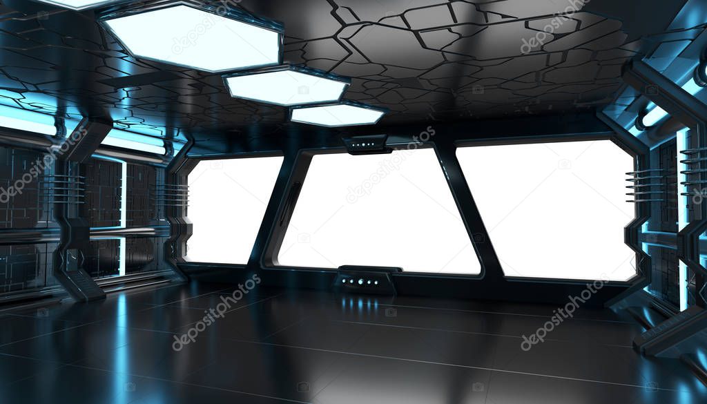 Spaceship blue interior with empty window 3D rendering elements 
