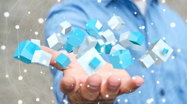 Mavi parlak küp 3d render uçan tutan işadamı