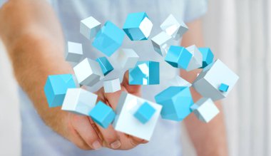 Uçan mavi parlak küp 3d render dokunmadan işadamı