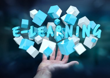 Kayan 3d render e-öğrenme tanıtımı küp ile tutan adam