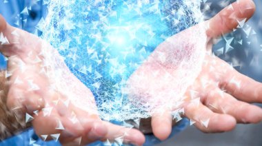 3D render veri ağ küre elinde tutan işadamı