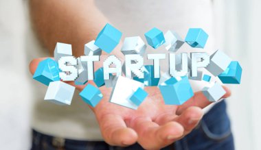 3D render başlangıç tanıtımı küp ile yüzen tutan adam