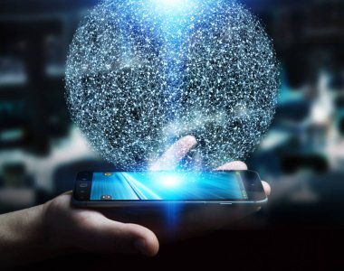 3D render veri ağ küre ile onun mobi kullanarak iş adamı