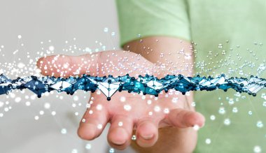 Noktalar ve çizgiler ile soyut dalga bağlantı tutan işadamı