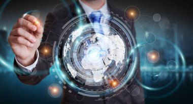İşadamı hologram ekran dijital veri ile kullanma