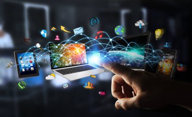 Teknoloji cihazları birbirine 3d render bağlamak işadamı