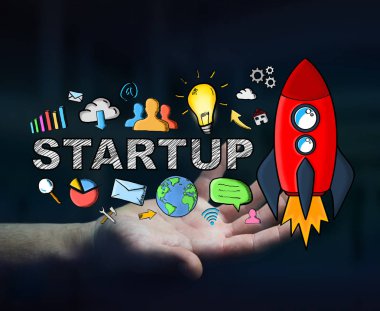 İşadamı kırmızı başlangıç çizim tutan koyu arka plan üzerinde