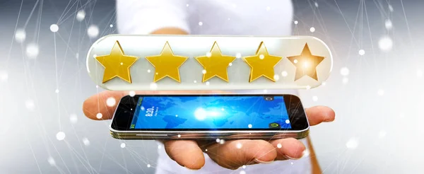 Бізнесмен оцінює зірки зі своїм мобільним телефоном 3D рендеринга — стокове фото