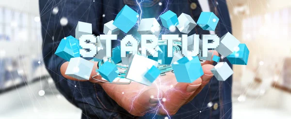 Man holding floating 3D render startup presentation with cube — Stock Photo, Image