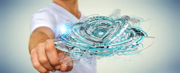 Επιχειρηματίας αγγίζοντας πλωτό 3d rendering int μπλε ψηφιακής τεχνολογίας — Φωτογραφία Αρχείου