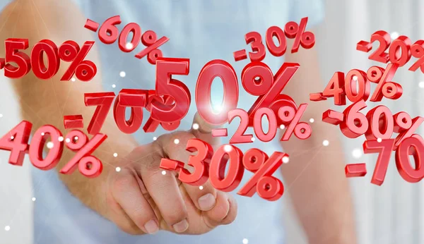 Empresario tocando iconos de ventas con su dedo representación 3D — Foto de Stock