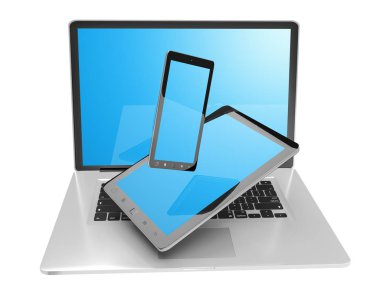 Dizüstü bilgisayar cep telefonu ve tablet 3d render birbirine bağlı