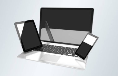 Dizüstü bilgisayar cep telefonu ve tablet 3d render birbirine bağlı