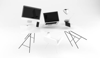 3d render işyeri dizüstü bilgisayar telefon ve tablet ile uçan