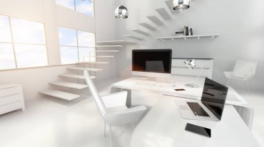 Bilgisayarı ve aygıtları 3d render ile modern beyaz ofis iç