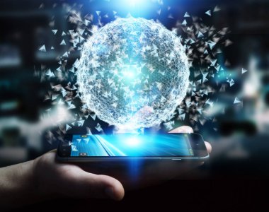 3D render veri ağ küre ile onun mobi kullanarak iş adamı