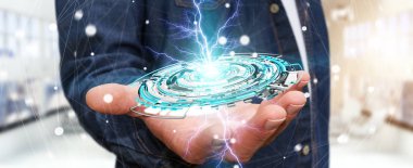 3D işleme dijital teknoloji mavi Inte yüzen tutan işadamı