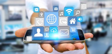 Modern dijital simge uygulama cep telefonunu kullanarak iş adamı 