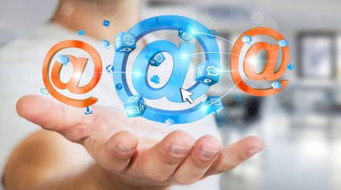 3D render e-posta simgesi elinde tutan işadamı